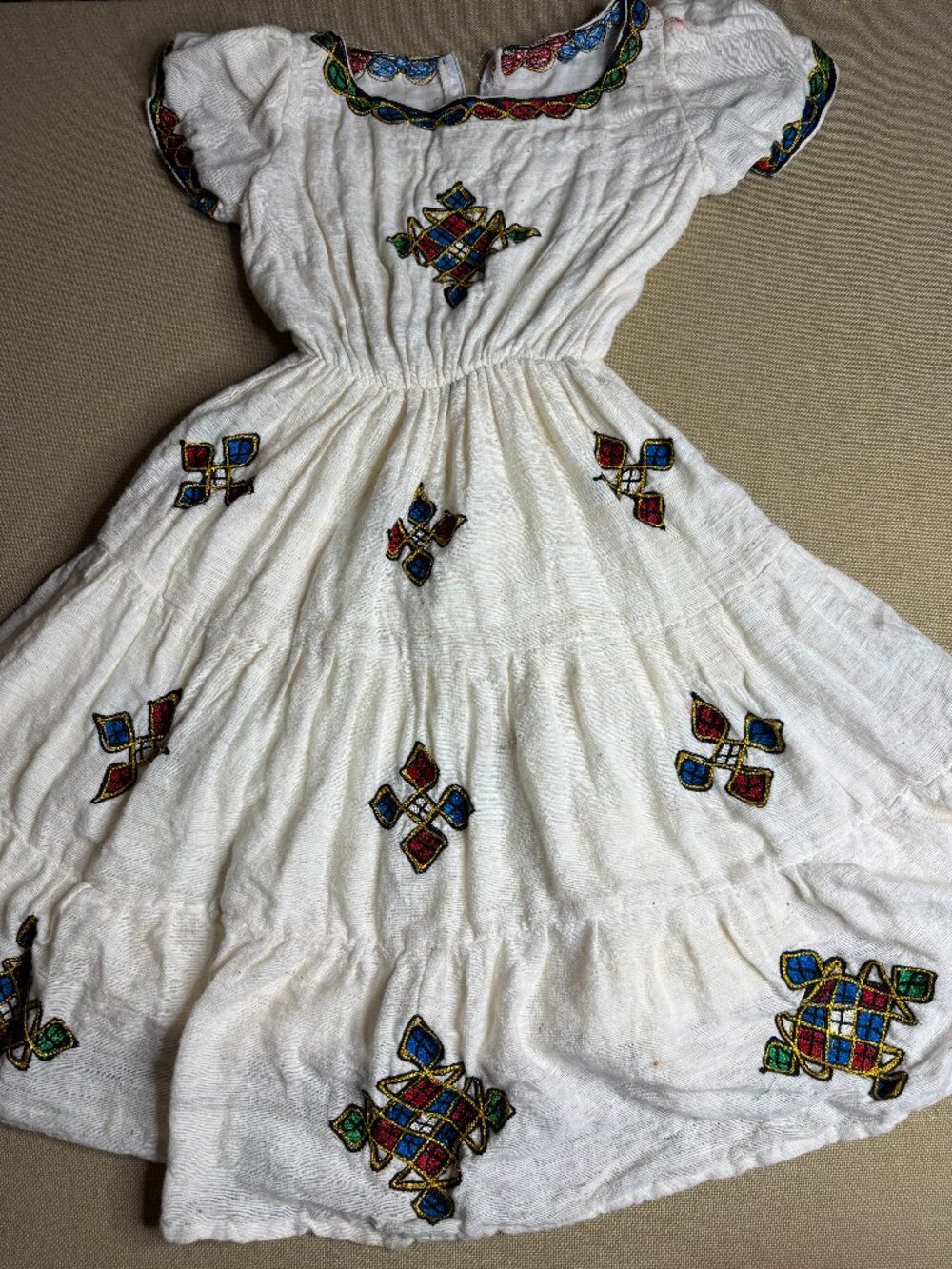 Vintage White Cotton Gauze Boho Peasant Dress – Embroidered Folk Festival Cottag